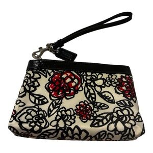 Coach Poppy Daisy Graffiti Floral Wristlet Clutch with Black Trim Red Accents